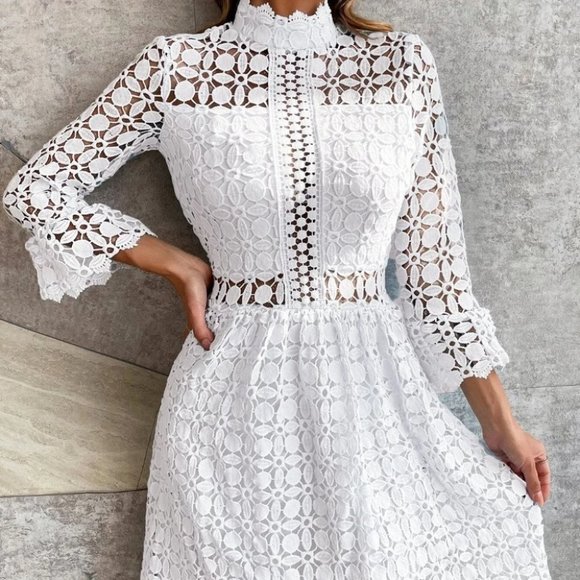 White mock neck Mesh Insert Flounce Sleeve Lace Dress - Picture 5 of 7